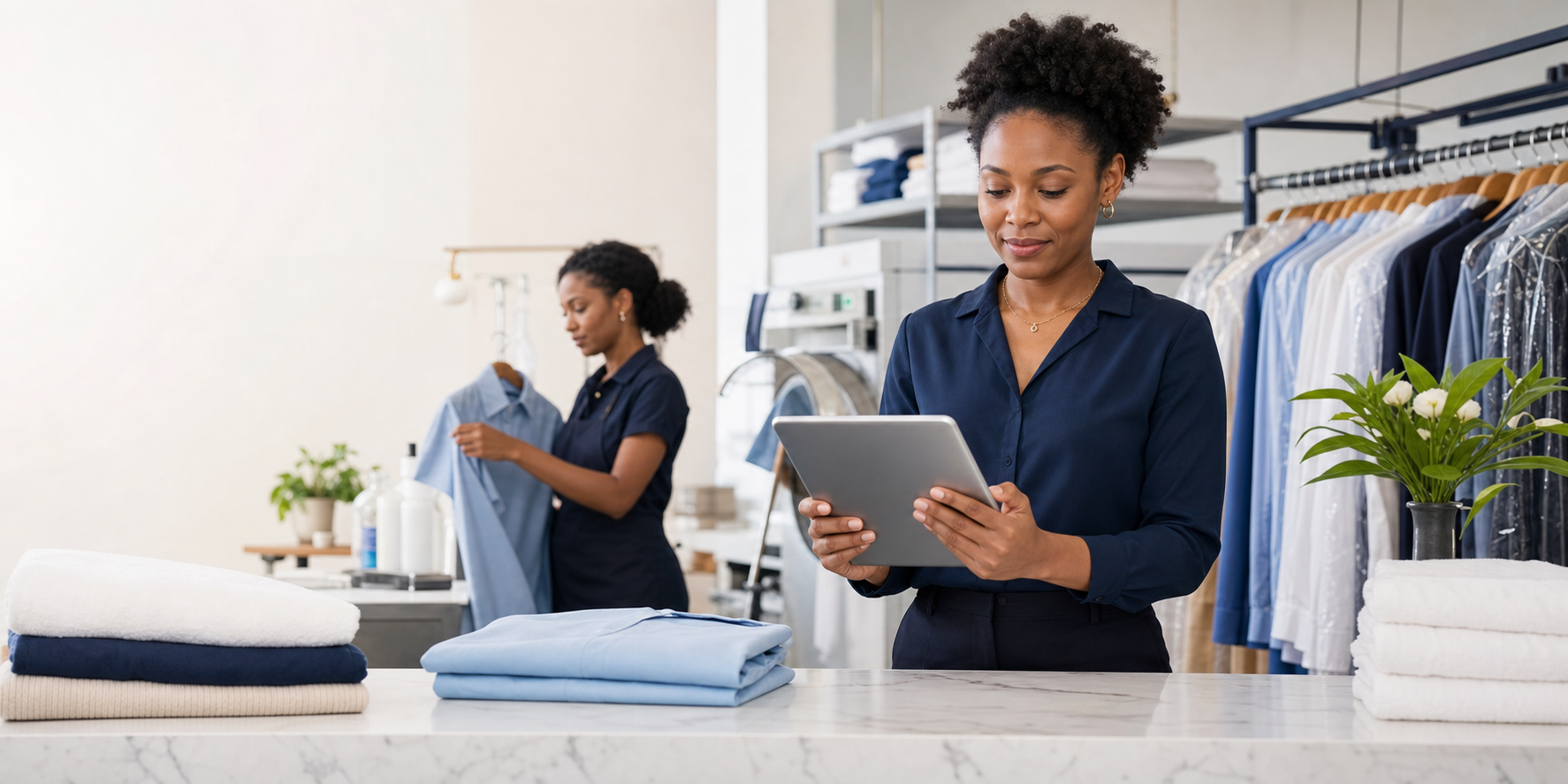 Laundry business owner managing garment-care operations with LaundryDrive